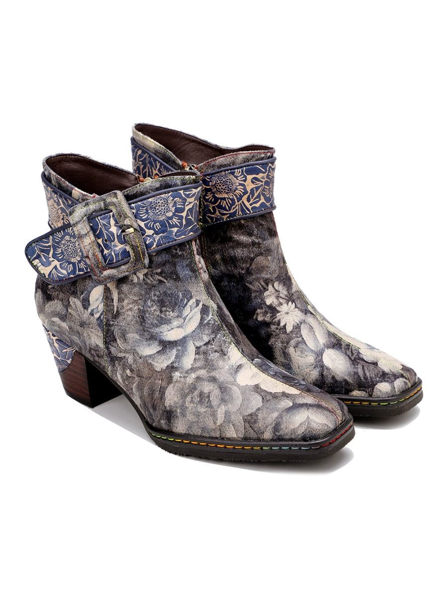 SOFFIA | Grey Floral Buckle Leather Moto Ankle Boots