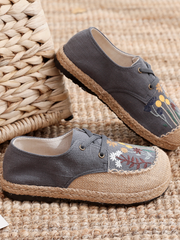 Cactus Rose | Garden Embroidered Linen Boat Shoes Espadrilles - Grey