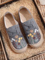 Cactus Rose | Garden Embroidered Linen Boat Shoes Espadrilles - Grey