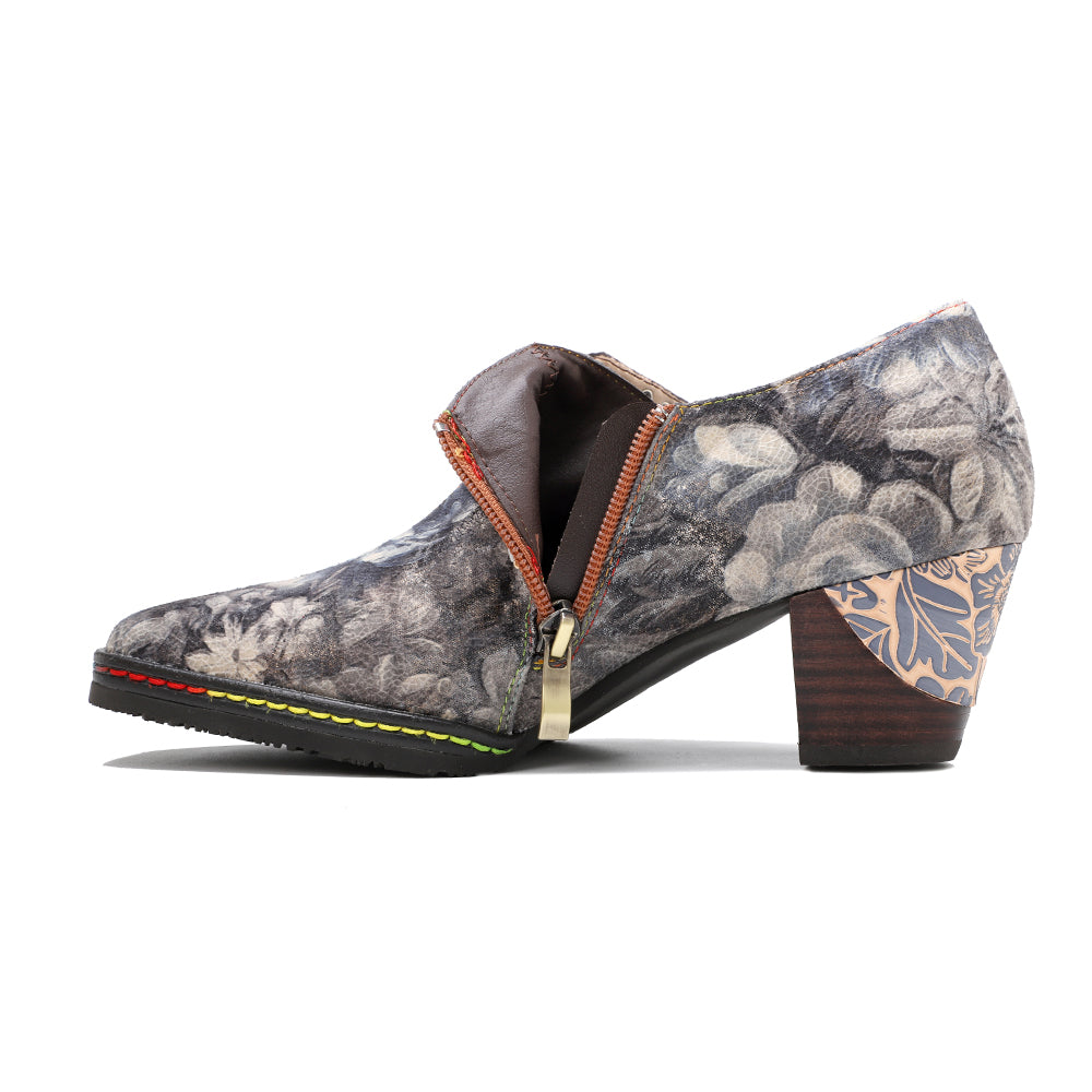 SOFFIA | Grey Embossed Floral Buckle Genuine Leather Bootie Mid Heel Loafers