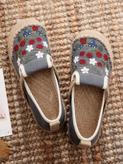 Cactus Rose | Berry Daisy Embroidered Linen Espadrilles Loafers Sneakers- Grey