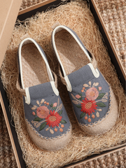 Cactus Rose | Double Kiss Floral Embroidered Linen Espadrilles - Grey