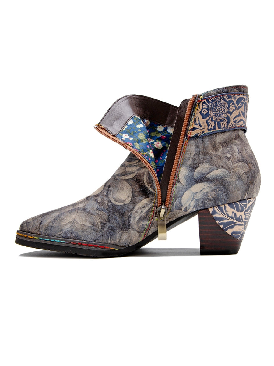 SOFFIA | Grey Floral Buckle Leather Moto Ankle Boots