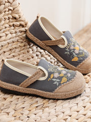 Cactus Rose | Field Corn Embroidered Linen Round Toe Espadrilles Loafers - Grey