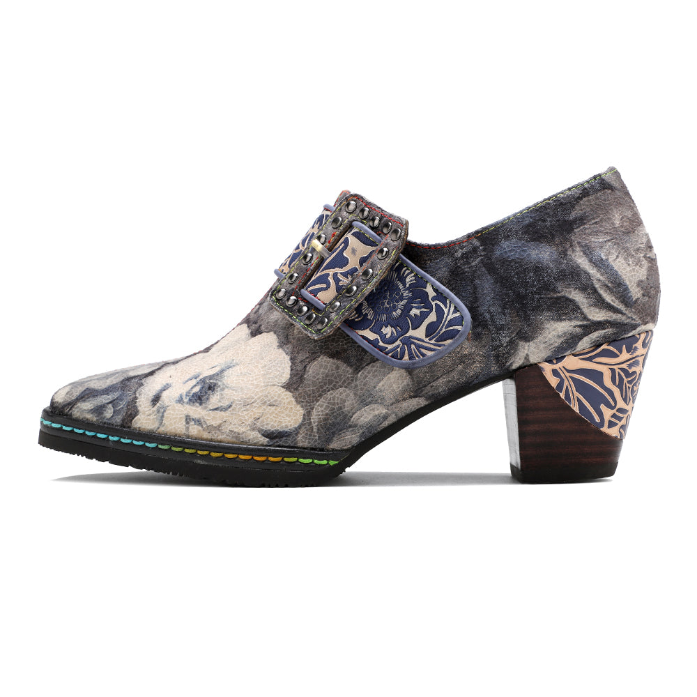 SOFFIA | Grey Embossed Floral Buckle Genuine Leather Bootie Mid Heel Loafers