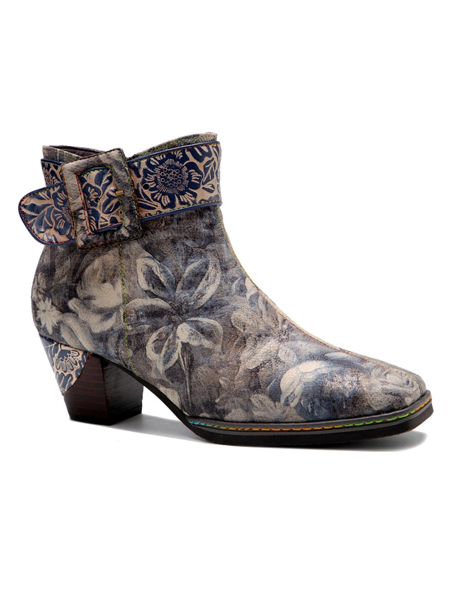 SOFFIA | Grey Floral Buckle Leather Moto Ankle Boots