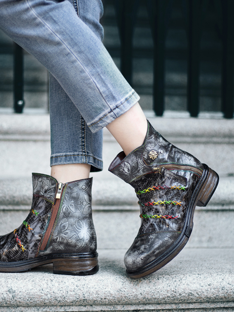 SOFFIA | Rainbow Stitch Lily Embossed Genuine Leather Ankle Boots