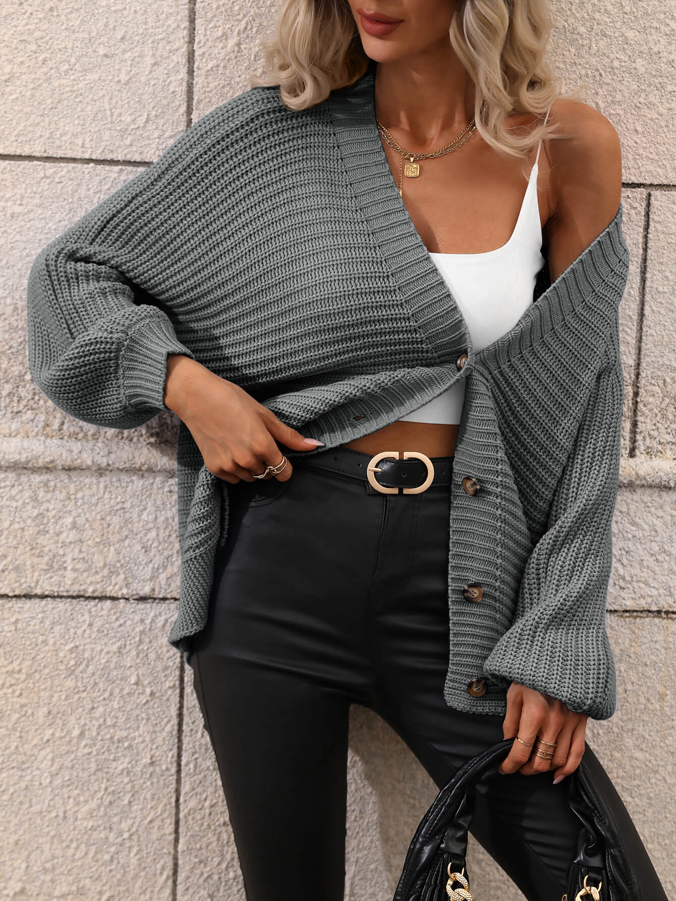 BUTTON UP OVERSIZED KNIT CARDIGAN - GREY