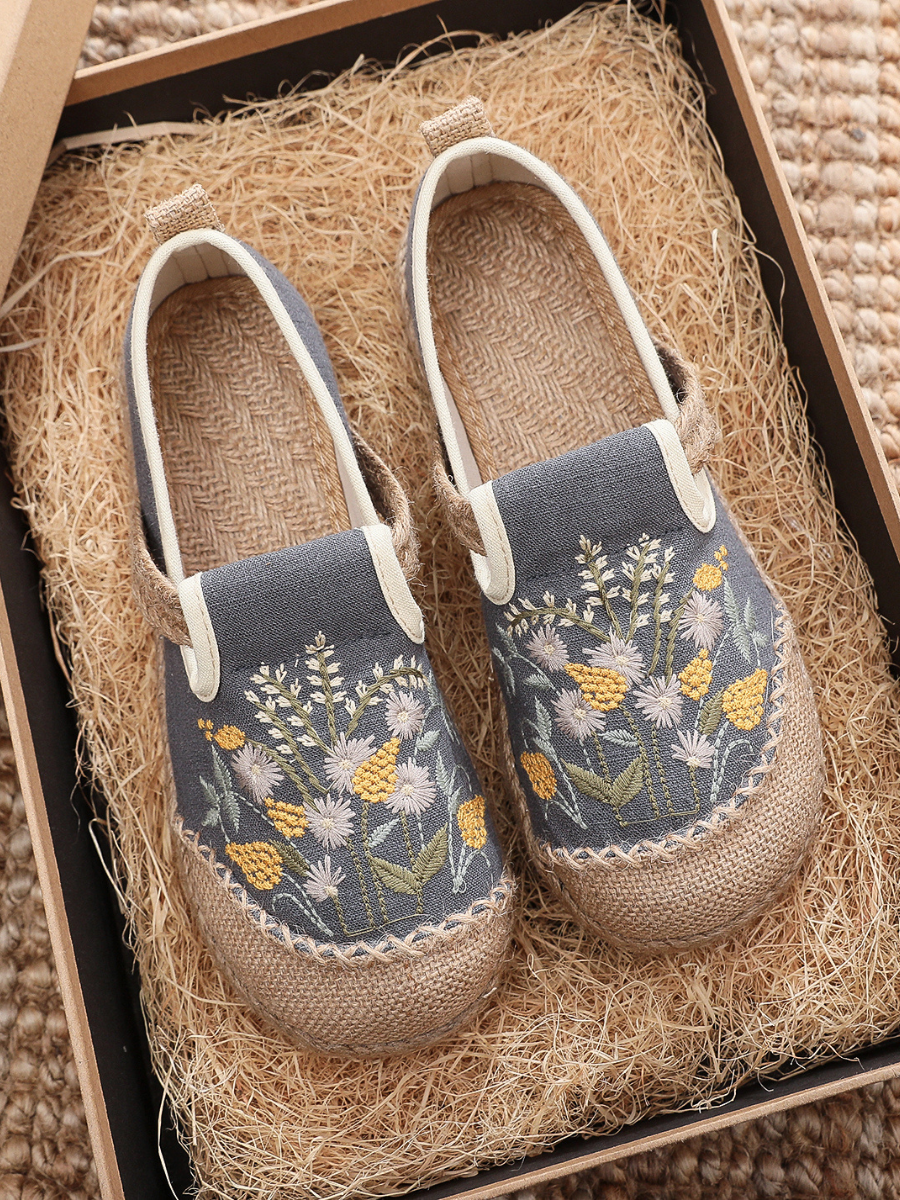 Cactus Rose | Field Corn Embroidered Linen Round Toe Espadrilles Loafers - Grey