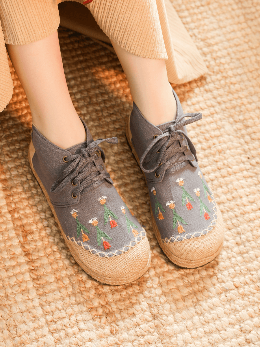 CACTUS ROSE | GREY RETRO EMBROIDERED LINEN SNEAKER