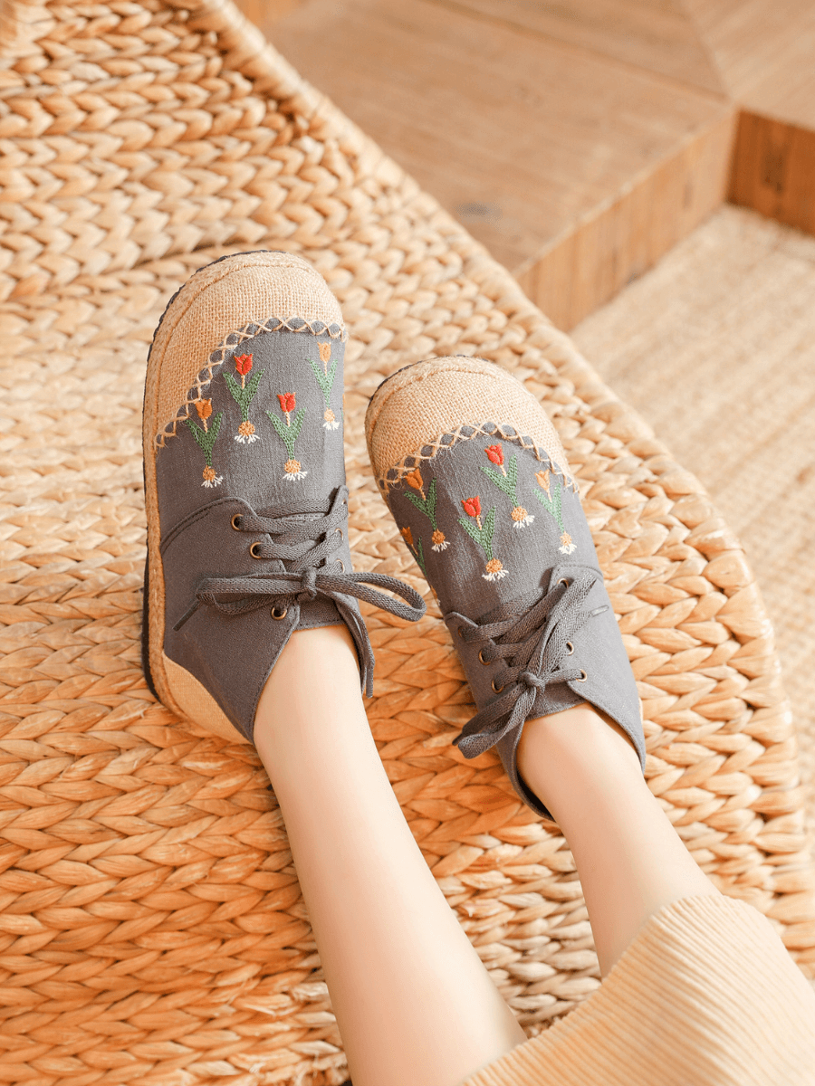 CACTUS ROSE | GREY RETRO EMBROIDERED LINEN SNEAKER