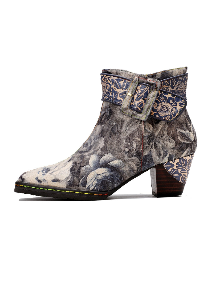 SOFFIA | Grey Floral Buckle Leather Moto Ankle Boots