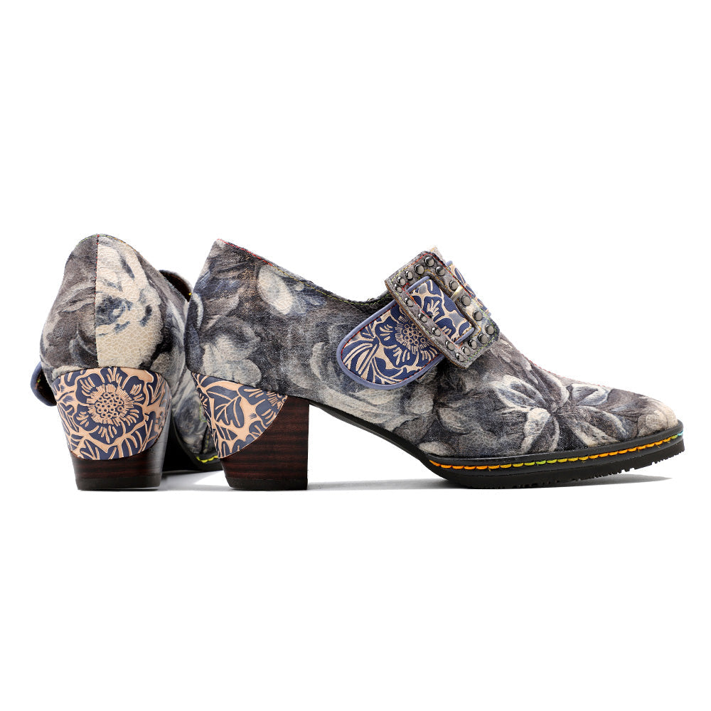 SOFFIA | Grey Embossed Floral Buckle Genuine Leather Bootie Mid Heel Loafers