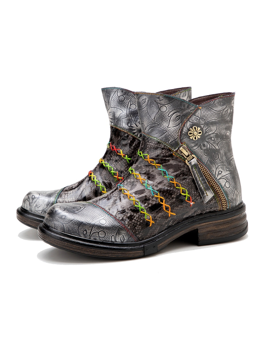 SOFFIA | Rainbow Stitch Lily Embossed Genuine Leather Ankle Boots