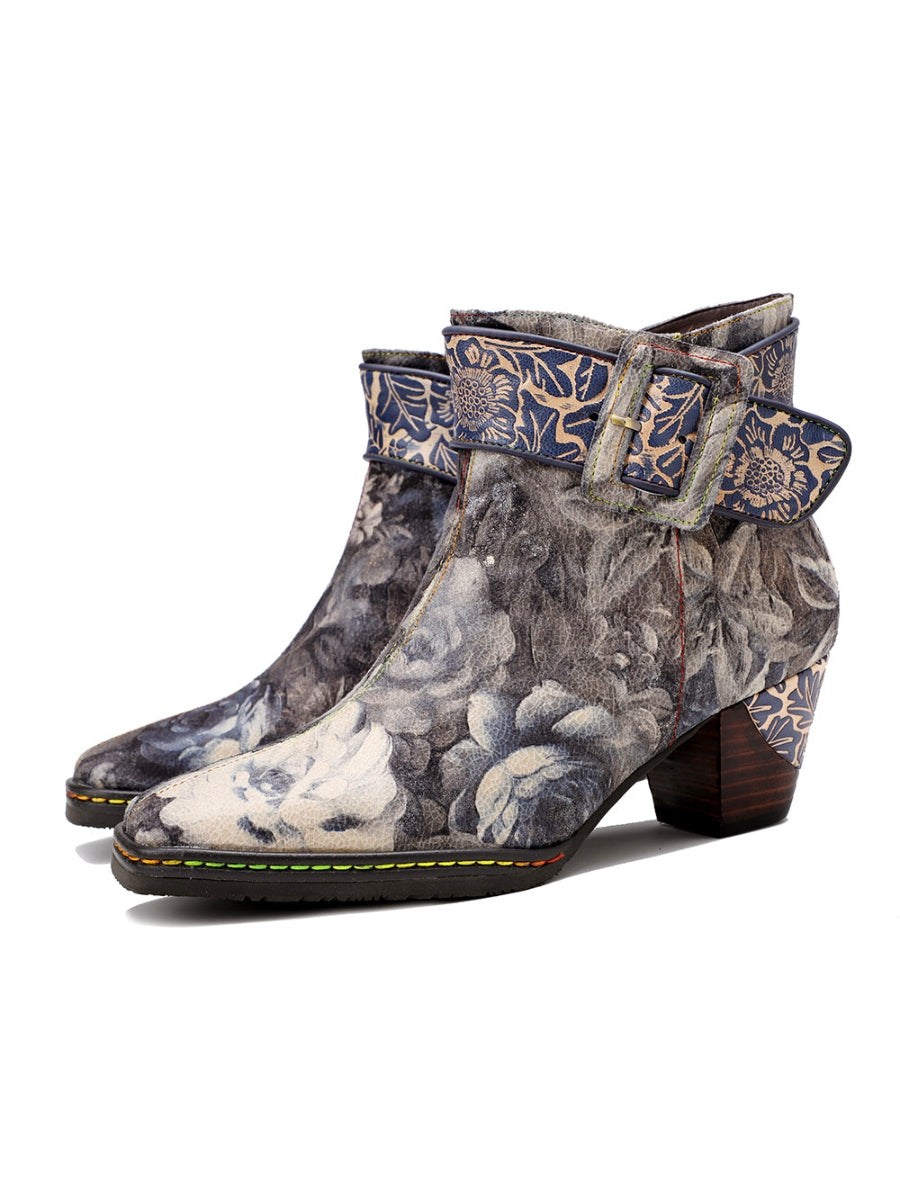 SOFFIA | Grey Floral Buckle Leather Moto Ankle Boots