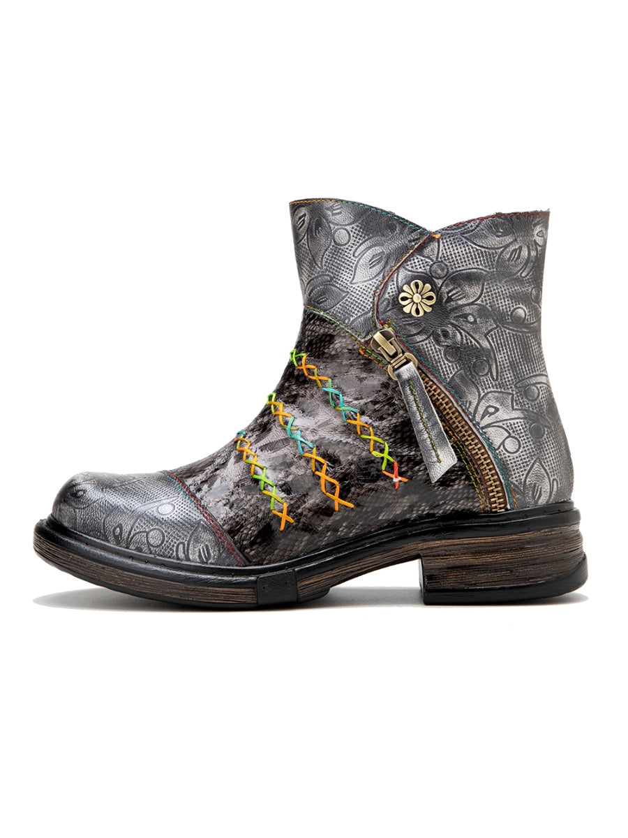 SOFFIA | Rainbow Stitch Lily Embossed Genuine Leather Ankle Boots