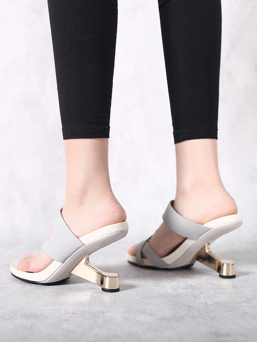 JadyRose | Grey Criss-Cross Toe Elevator Heel Leather Slides