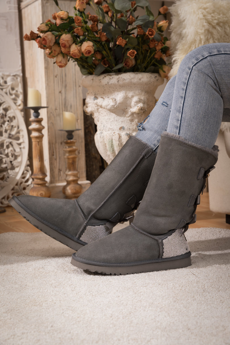 SMAIBULUN Ugg | Rhinestone Ribbon Tri-Tie Bow Suede Boots - Grey