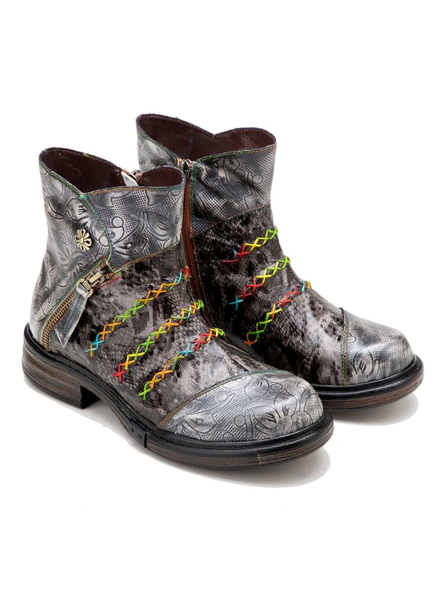 SOFFIA | Rainbow Stitch Lily Embossed Genuine Leather Ankle Boots