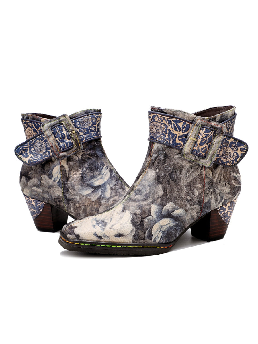 SOFFIA | Grey Floral Buckle Leather Moto Ankle Boots