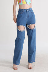 High Rise Beading Cutout Straight Denim Jeans