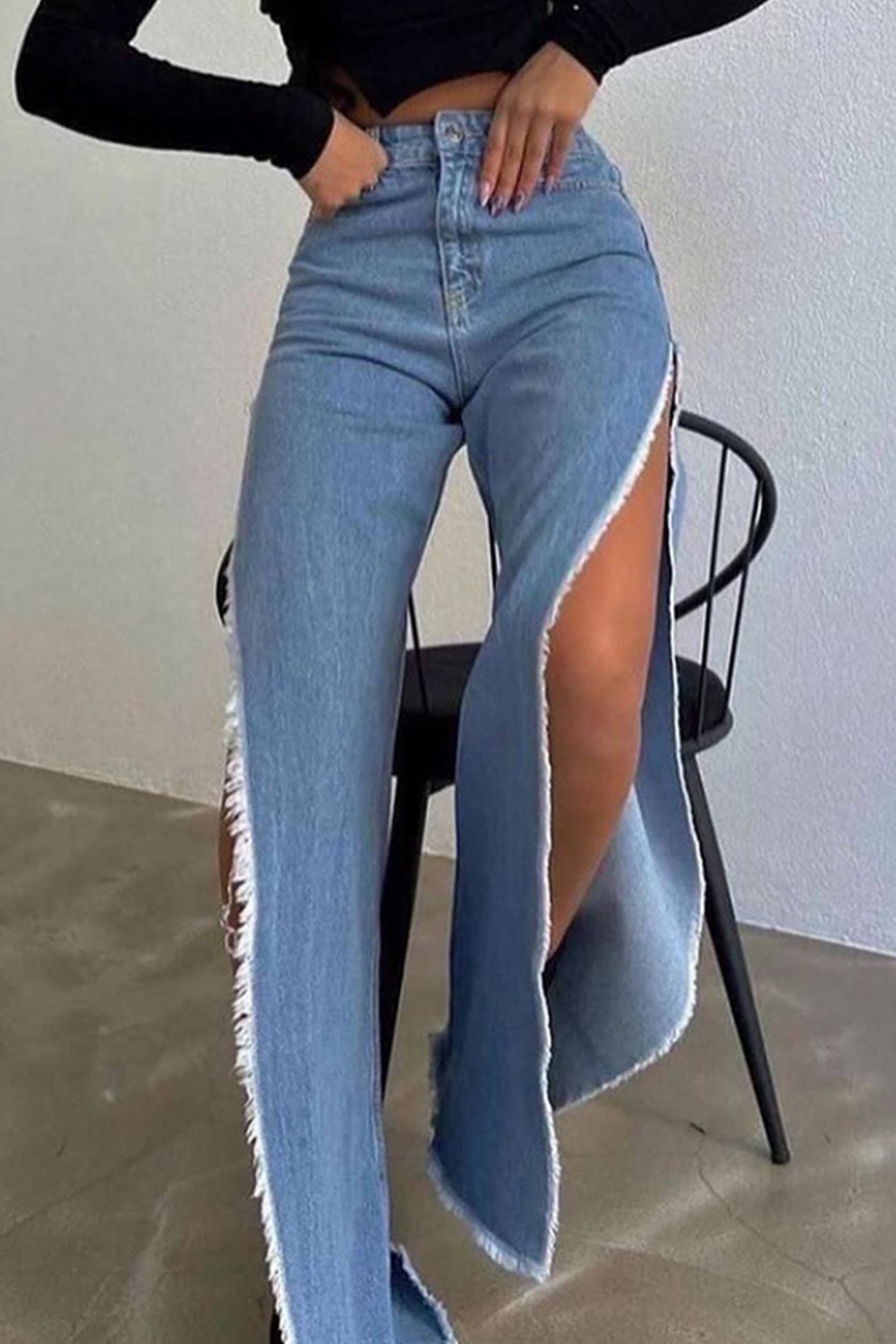 High Waist Solid Color High Slit Jeans