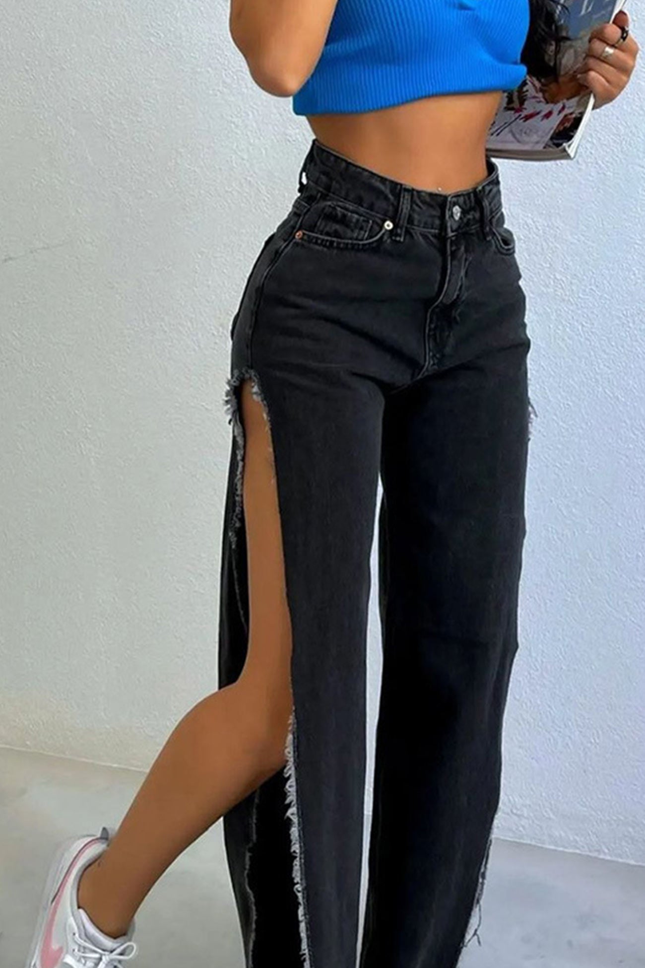 High Waist Solid Color High Slit Jeans