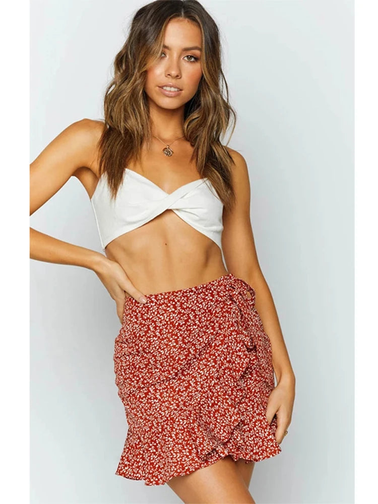 High-waist lace-up skirt European and American ruffled irregular print zipper skirt