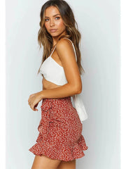 High-waist lace-up skirt European and American ruffled irregular print zipper skirt