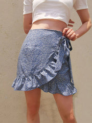 High-waist lace-up skirt European and American ruffled irregular print zipper skirt