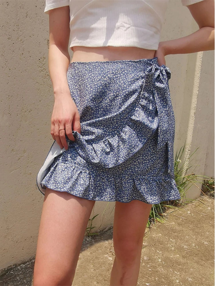 High-waist lace-up skirt European and American ruffled irregular print zipper skirt