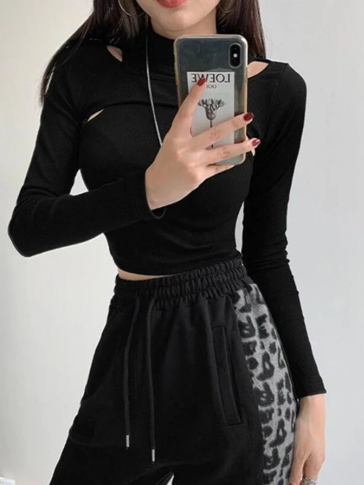 Hollow Knitted Crop Tops Women New Fitness Fake Two-piece T-shirt Female Black White Long Sleeve Tops