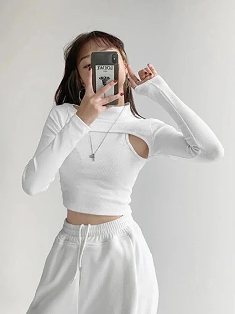 Hollow Knitted Crop Tops Women New Fitness Fake Two-piece T-shirt Female Black White Long Sleeve Tops