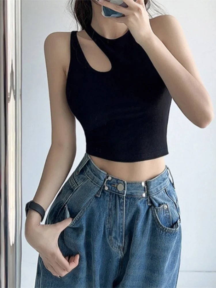 Hollow Out Crop Top Summer Basic Shirts Ribbed Knitted Femme O Neck Off Shoulder Women’s Tank Top Skinny Casual