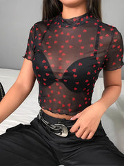 Hot Mesh Heart Turtleneck T Shirts Tops Women Transparent 2024 See Through White Black Elastic Skinny Crop Tops Stretchy New