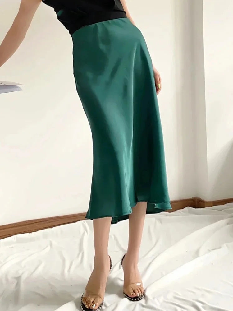 Hot Sale Solid Satin Elastic Waist Women A-Line Skirt Summer Female Slim Falda