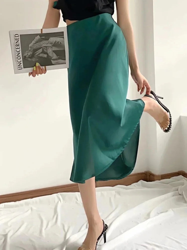 Hot Sale Solid Satin Elastic Waist Women A-Line Skirt Summer Female Slim Falda