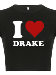 I Love Drake Red Love Heart Women Cropped Top Harajuku Causal Baby Tee Y2k Fashion Clothes Summer Short Sleeved T Shit O Necks