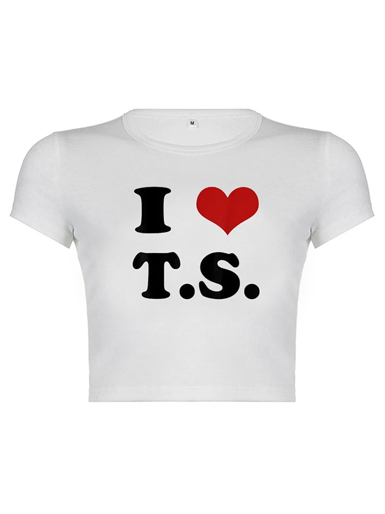 I Love T S Cropped Tops for Women Summer Fashion Short Sleeve T Shirt Y2k Clothes Harajuku Baby Tee Graphic T-shirt Crop Top Tee