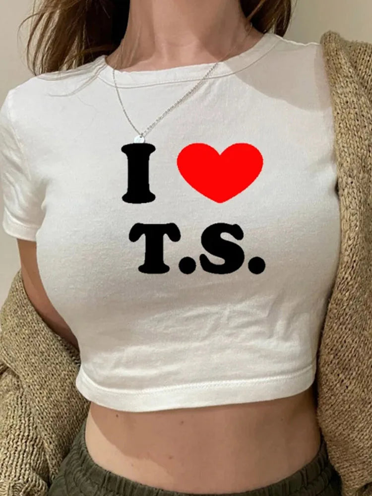 I Love T S Cropped Tops for Women Summer Fashion Short Sleeve T Shirt Y2k Clothes Harajuku Baby Tee Graphic T-shirt Crop Top Tee