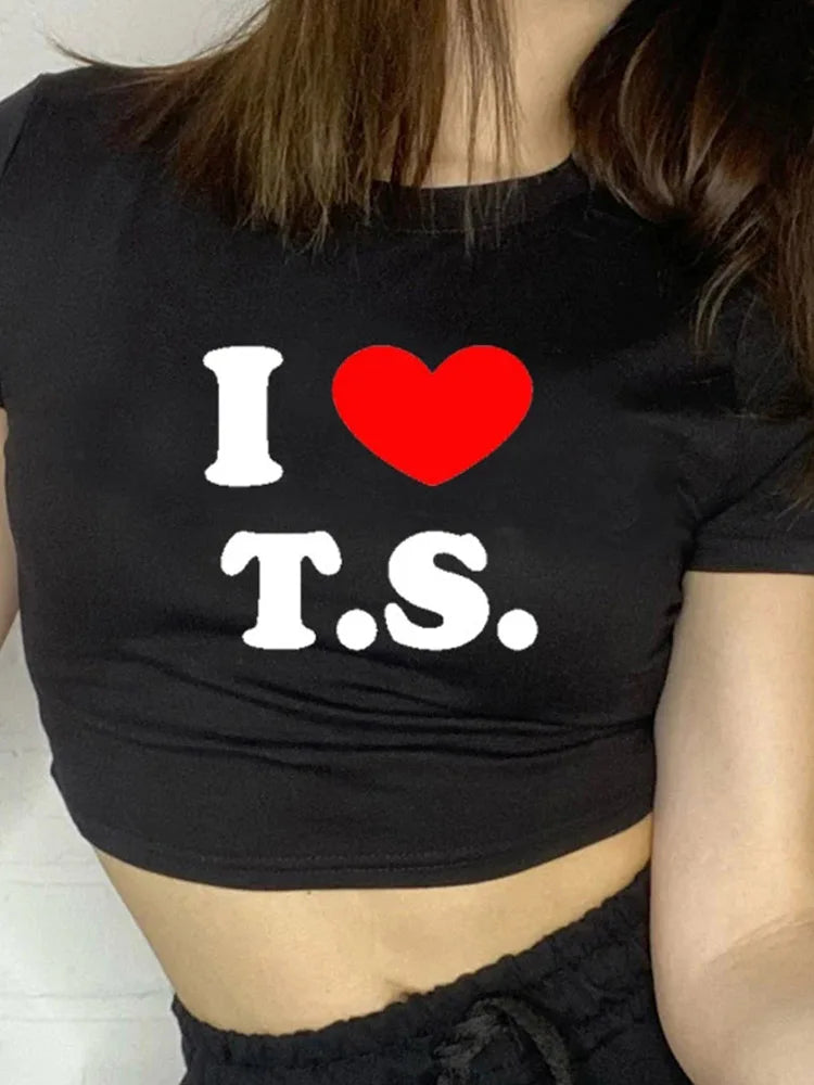 I Love T S Cropped Tops for Women Summer Fashion Short Sleeve T Shirt Y2k Clothes Harajuku Baby Tee Graphic T-shirt Crop Top Tee