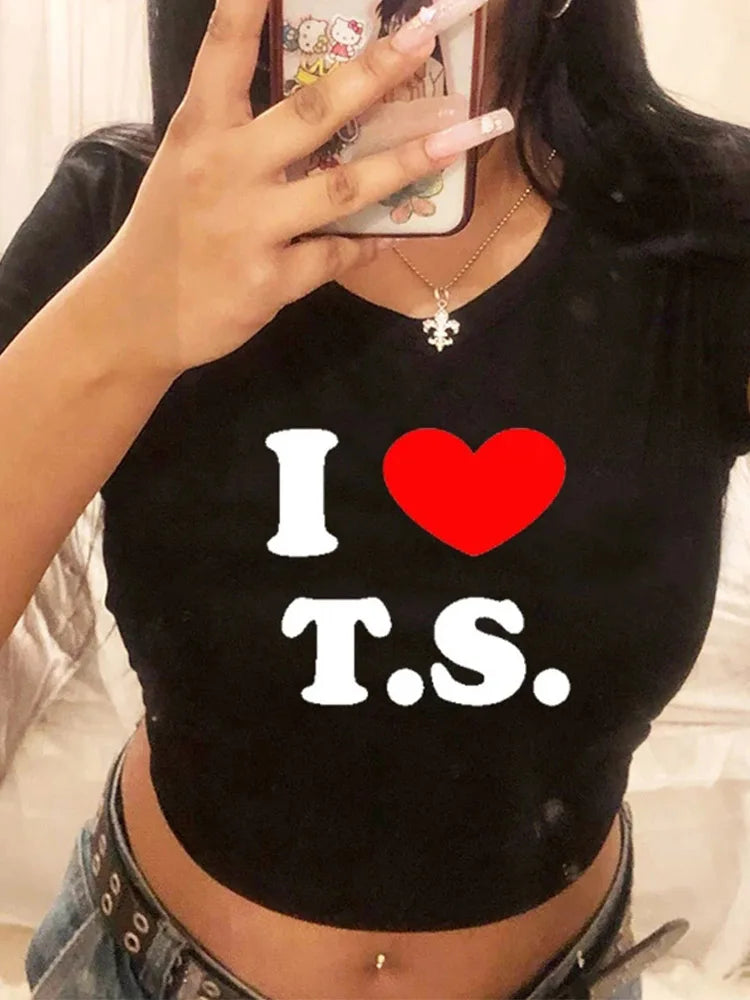 I Love T S Cropped Tops for Women Summer Fashion Short Sleeve T Shirt Y2k Clothes Harajuku Baby Tee Graphic T-shirt Crop Top Tee