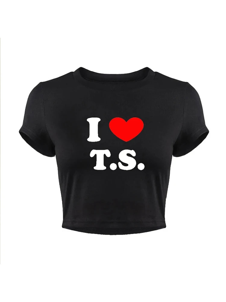 I Love T S Cropped Tops for Women Summer Fashion Short Sleeve T Shirt Y2k Clothes Harajuku Baby Tee Graphic T-shirt Crop Top Tee