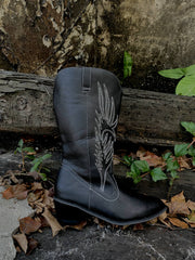 En Bloom | Angel Wing Embroidered Cowboy Heel Knee Boots - Black