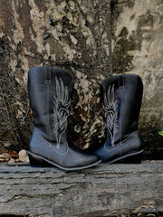 En Bloom | Angel Wing Embroidered Cowboy Heel Knee Boots - Black