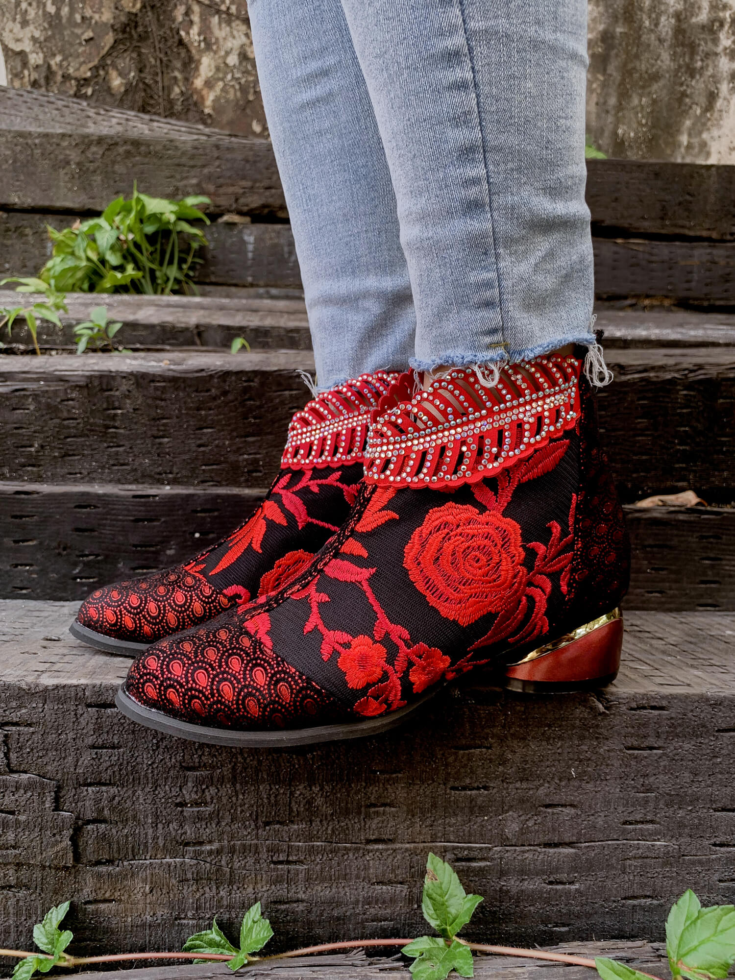 En Bloom | Rhinestone Ankle Floral-Embroidered Boot - Red