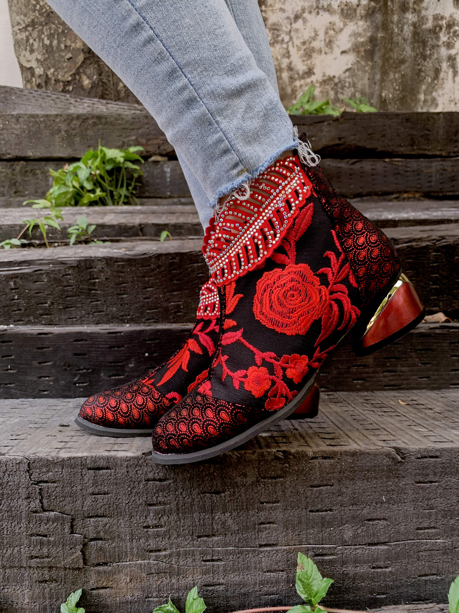 En Bloom | Rhinestone Ankle Floral-Embroidered Boot - Red