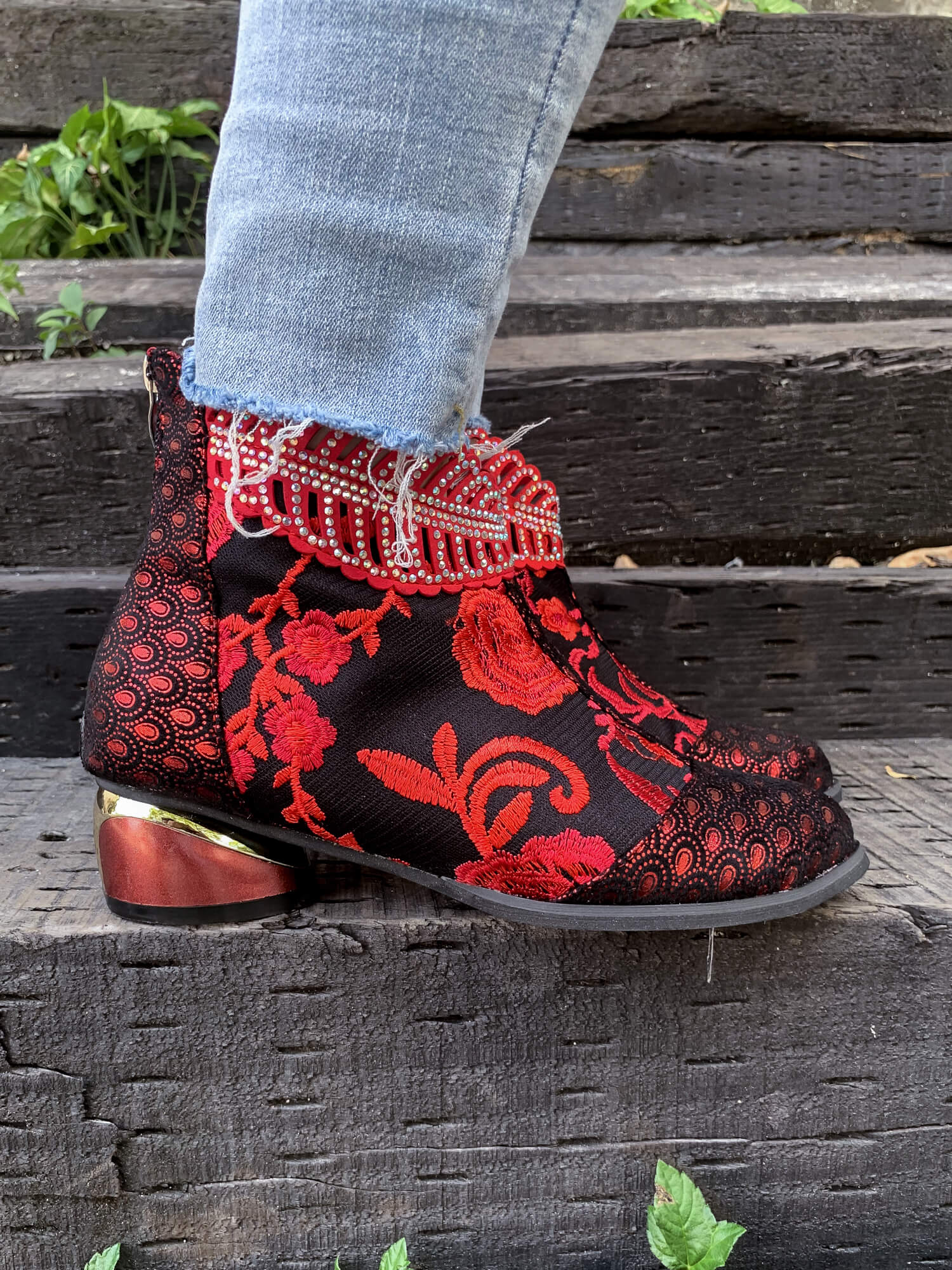 En Bloom | Rhinestone Ankle Floral-Embroidered Boot - Red