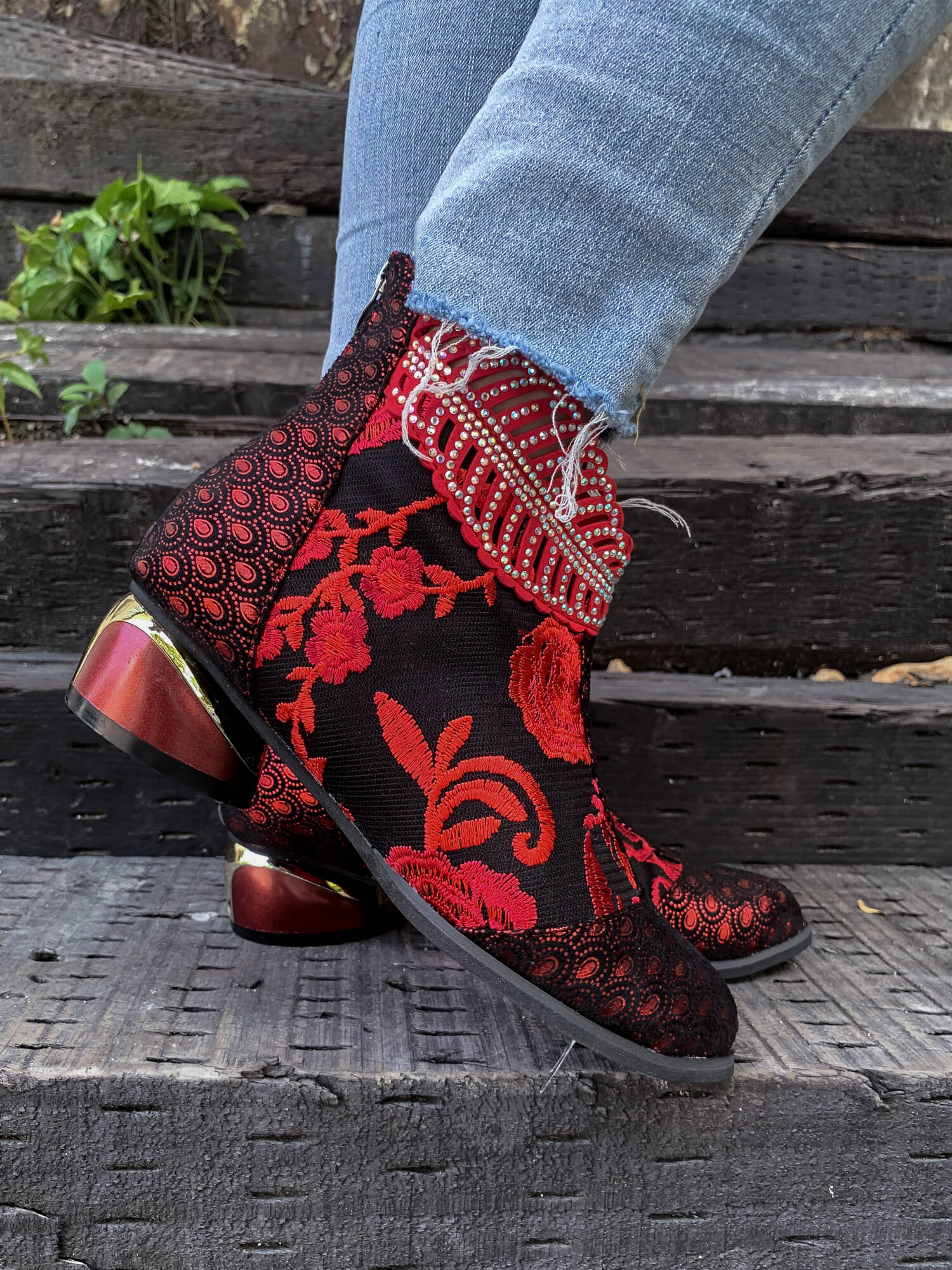 En Bloom | Rhinestone Ankle Floral-Embroidered Boot - Red