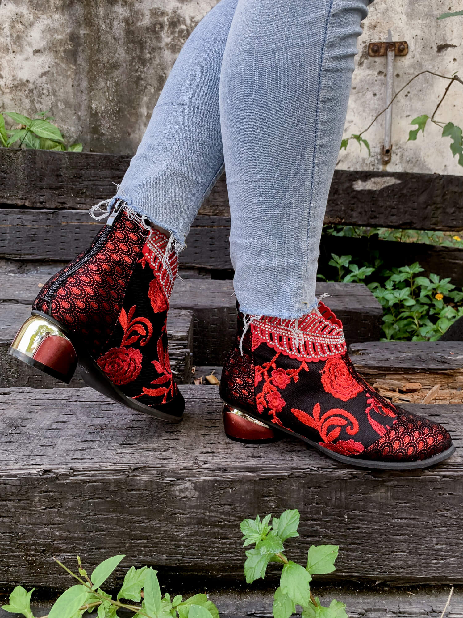 En Bloom | Rhinestone Ankle Floral-Embroidered Boot - Red